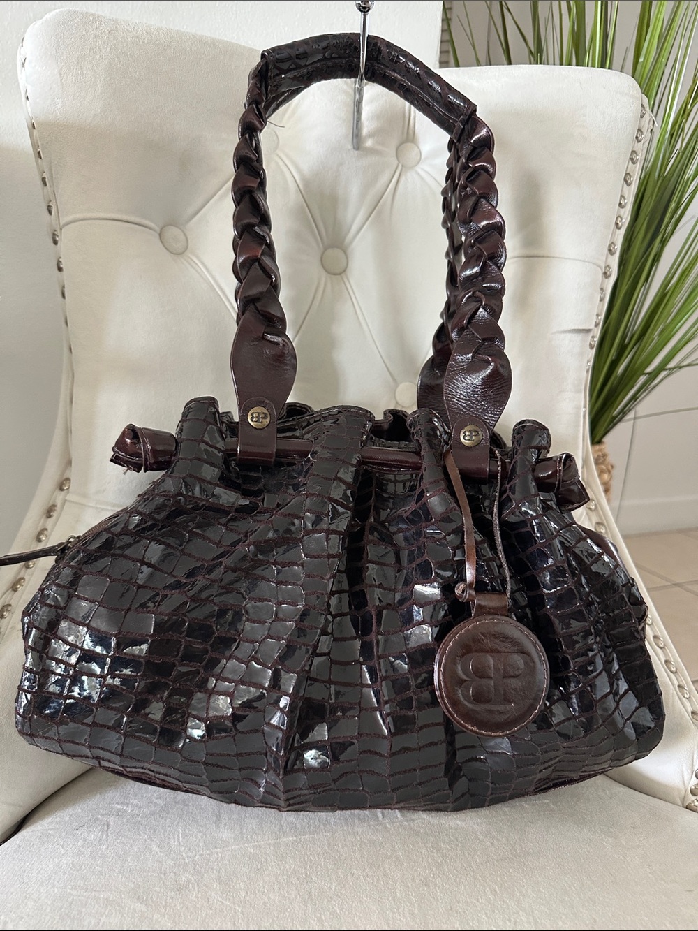 Barbara Palacios Woven Handle Croc-Embossed Bucket Bag - Dark Brown